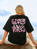 oversized t-shirt with a pink "GIRL RULES" graffiti design