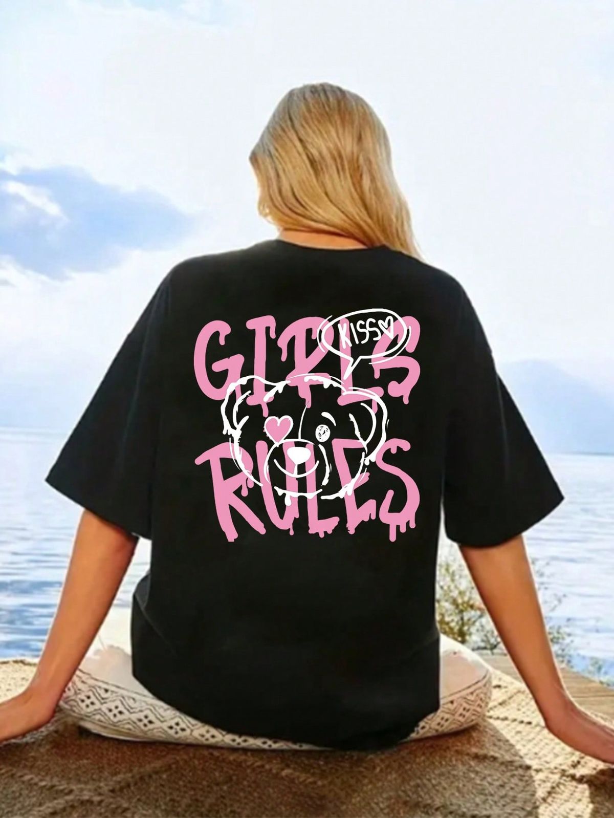 oversized t-shirt with a pink "GIRL RULES" graffiti design